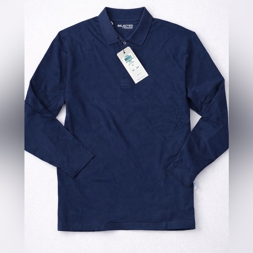 Selected Homme Men’s Navy Long Sleeve Polo Shirt | Medium | NWT | Dress Shirt